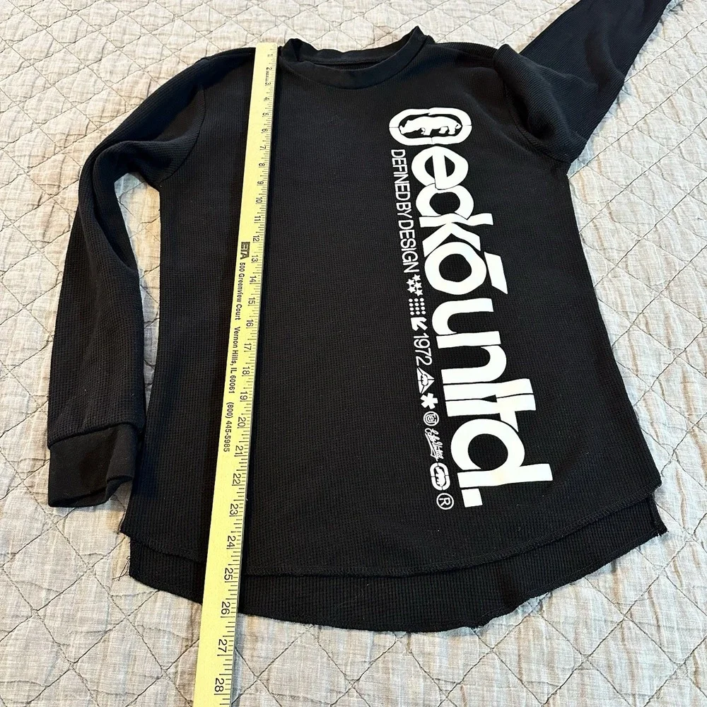Ecko Unltd Mens Small Black Waffle Knit Long Sleeve‎ Logo Y2K Streetwear
